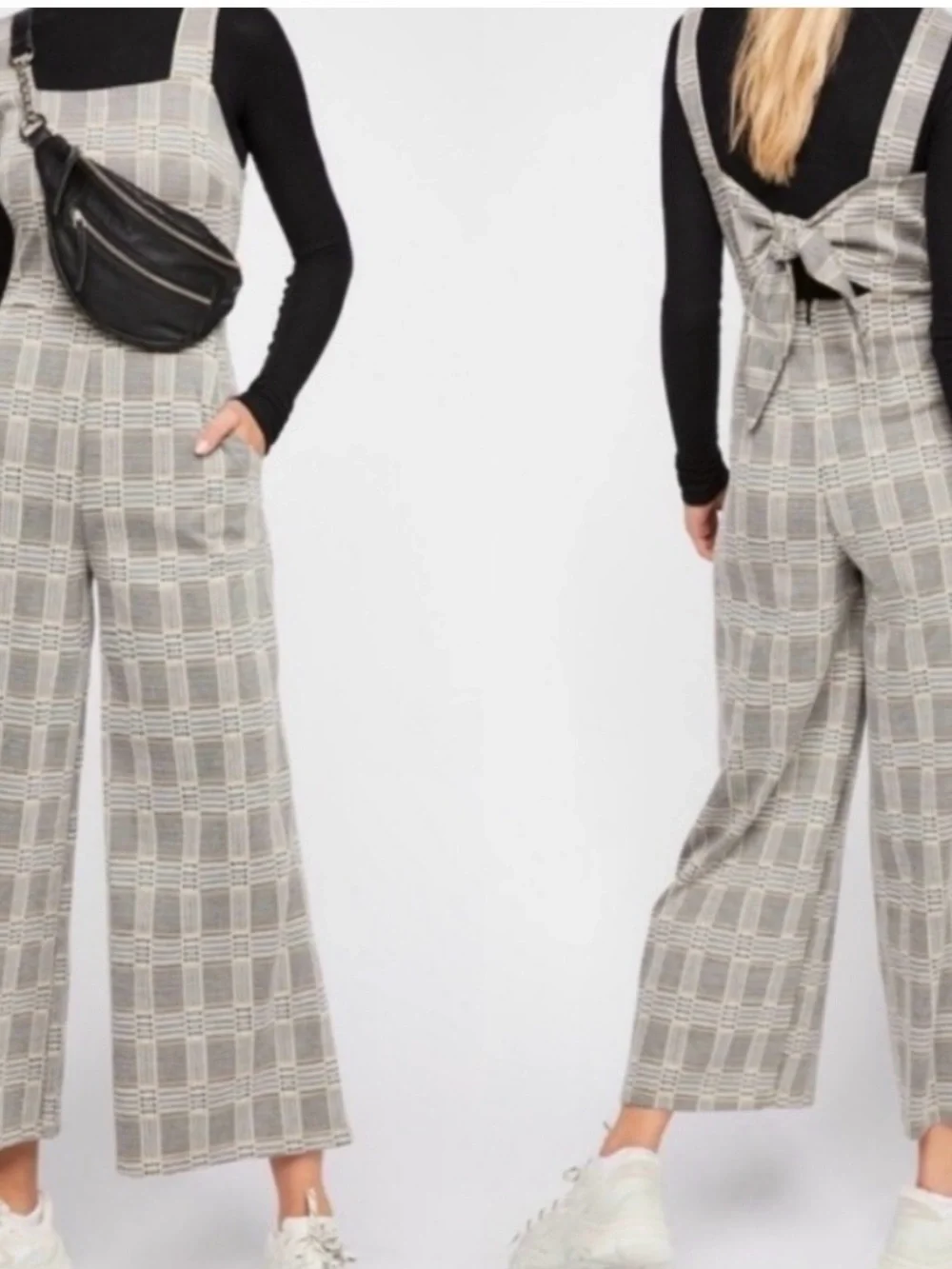 FREE PEOPLE open/tie back plaid  jumpsuit wide leg cropped stretch Size 2